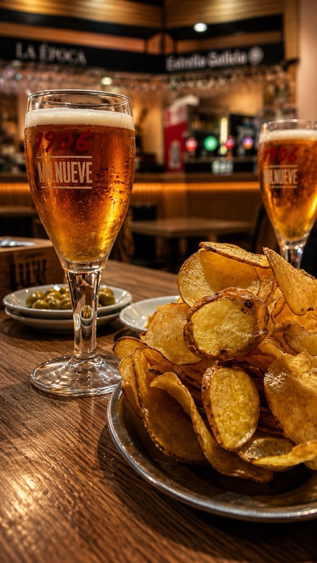 Cañas y patatas chips en la barra de La Época